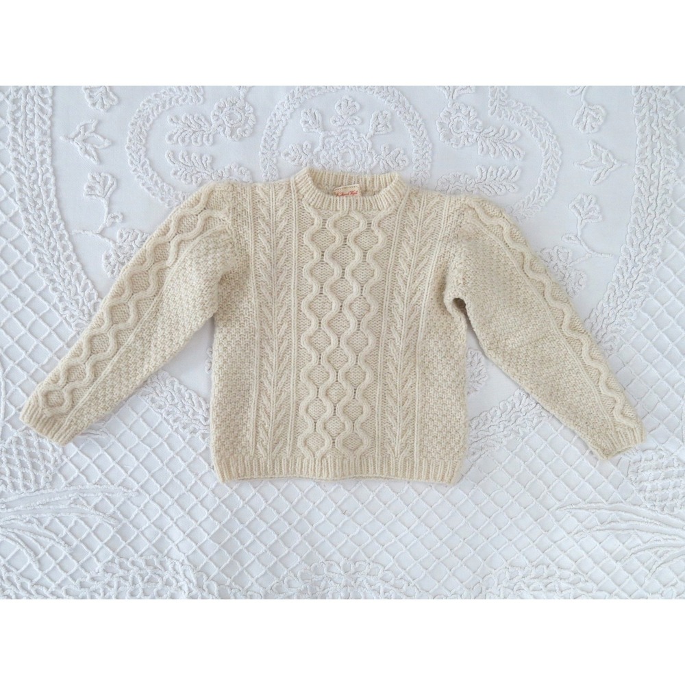Hand Made Cable Knit Wool Sweater Cream Child 4 5 Fisherman Youth Puff Sleeve